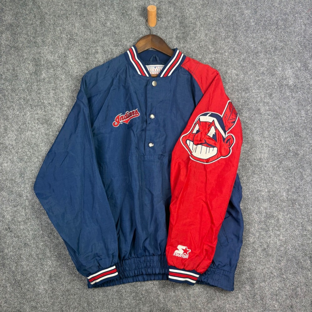 Starter Cleveland Indians Jacket Mens L Blue Red Chief Wahoo MLB Windbreaker 90s